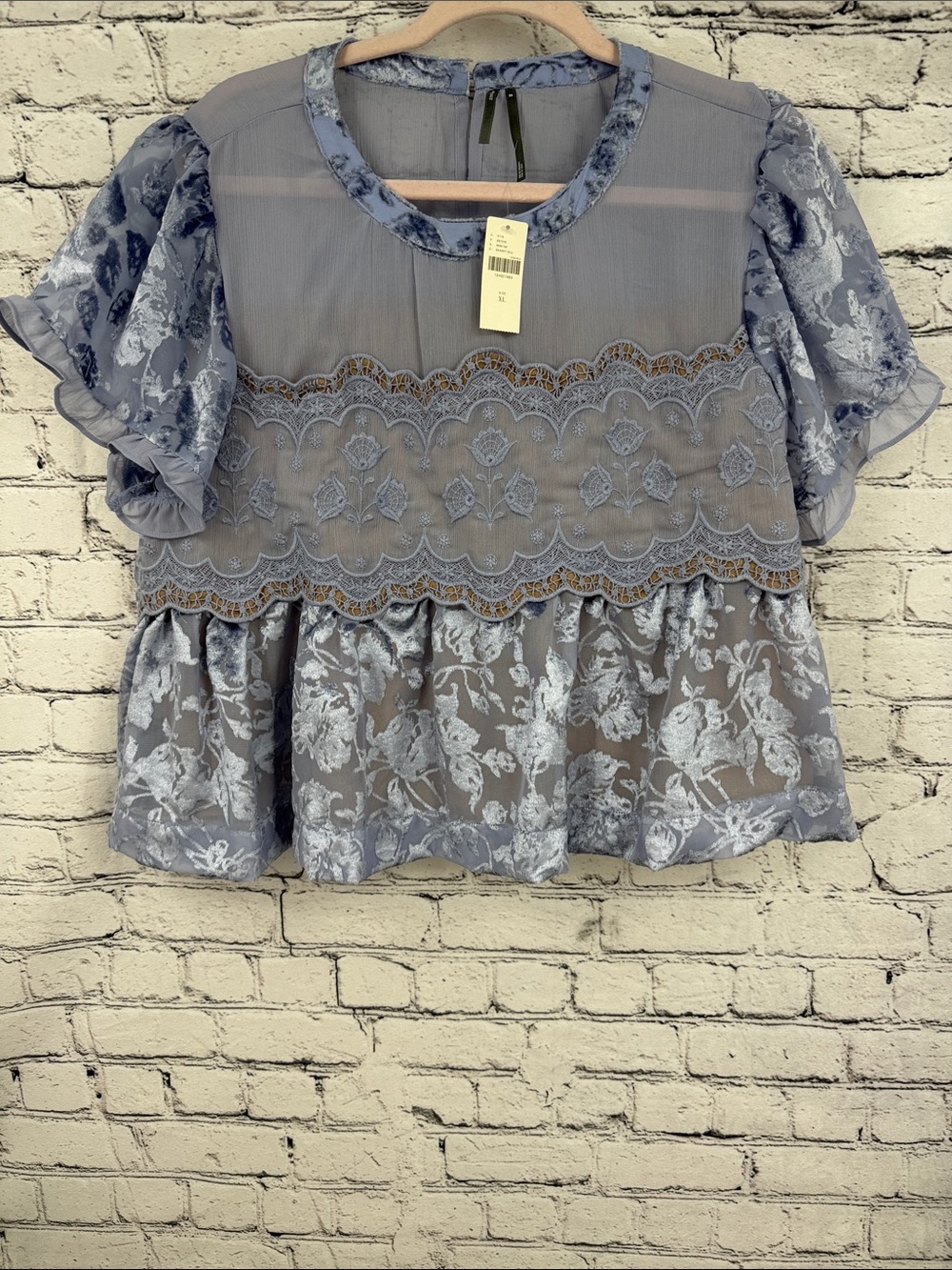 Anthropologie Velvet Burnout Lace-Trim Floral Peplum Top - Evening Haze - XL - Picture 2 of 8